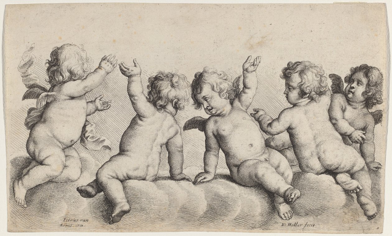 Tři cherubové a dva chlapci na oblacích od Wenceslaus Hollar, after Peeter van Avont