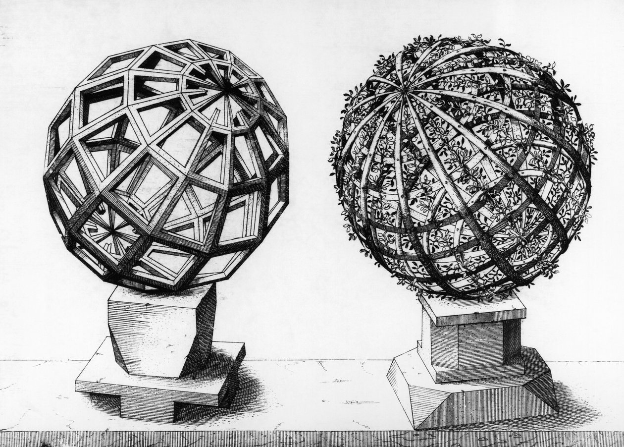 Perspektivní ilustrace, dvě koule, rytina z Perspectiva Corporum Regularium, Wentzel Jamnitzer (1508-1585), Norimberk od Wenzel I Jamnitzer