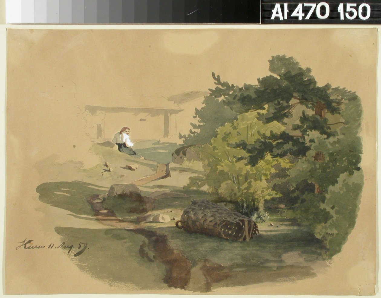 Landschaft mit Schindelkorb und sitzender Frau od Werner Holmberg