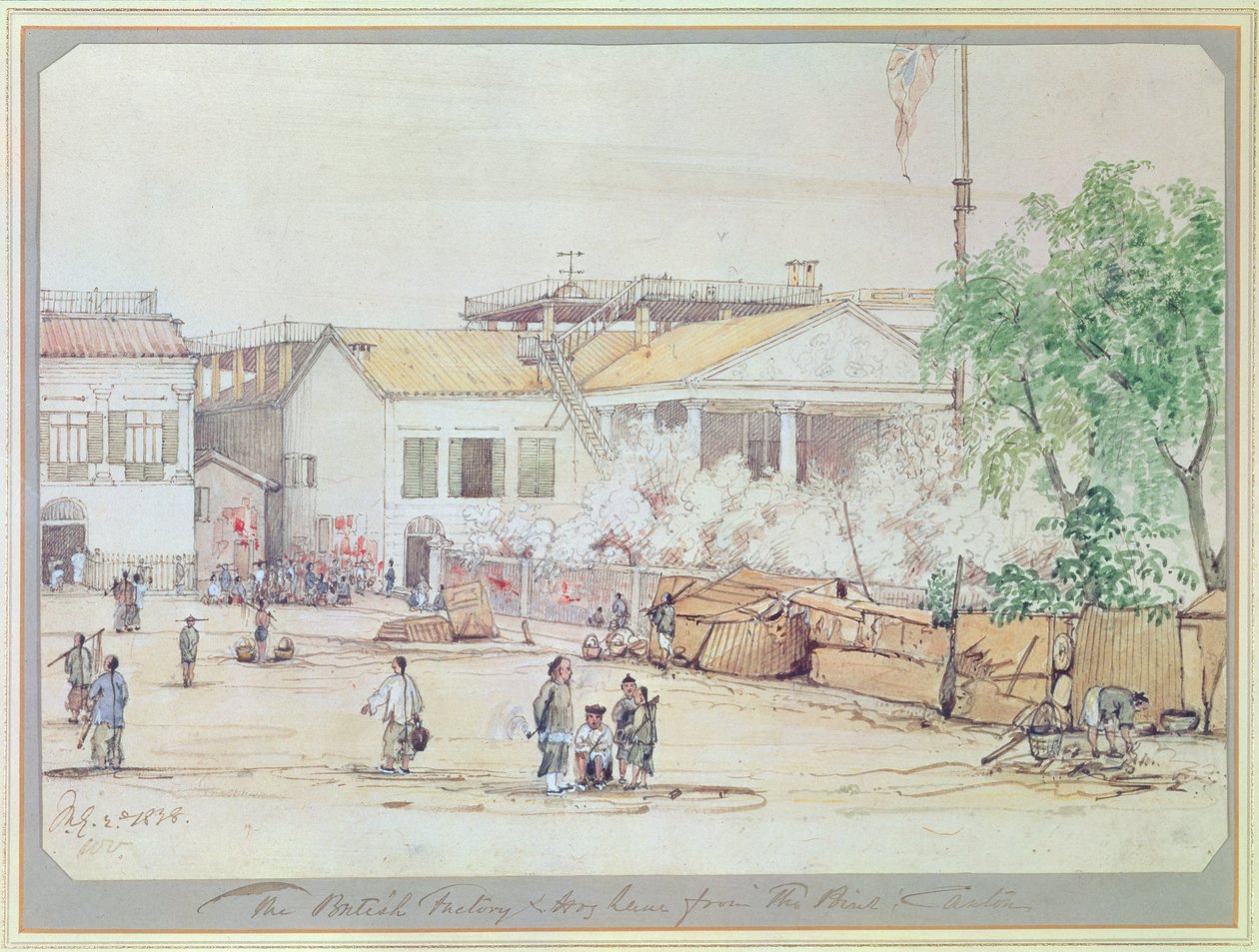 Britská továrna na Hog Lane, Kanton, 1838 (wc na papíře) od Werner Varnham