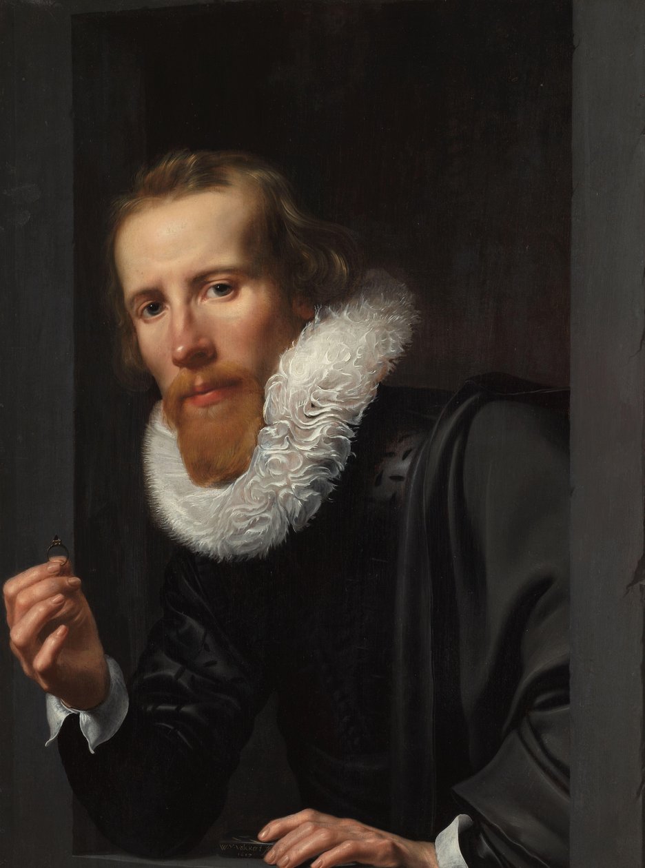 Portrét zlatníka, pravděpodobně Bartholomeus Jansz van Assendelft Portrét muže s prstenem a prubířským kamenem, pravděpodobně Bartholomeus Jansz van Assendelft (1585-1658) od Werner van den Valckert (signed by artist)