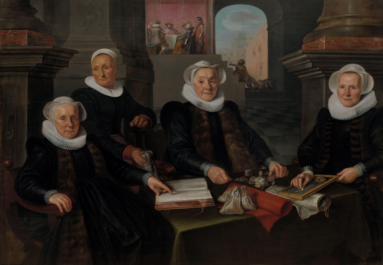Tři regentky a „domová matka“ amsterdamského azylu malomocných Tři regentky a hospodyně z Leper-House, Amsterdam od Werner van den Valckert