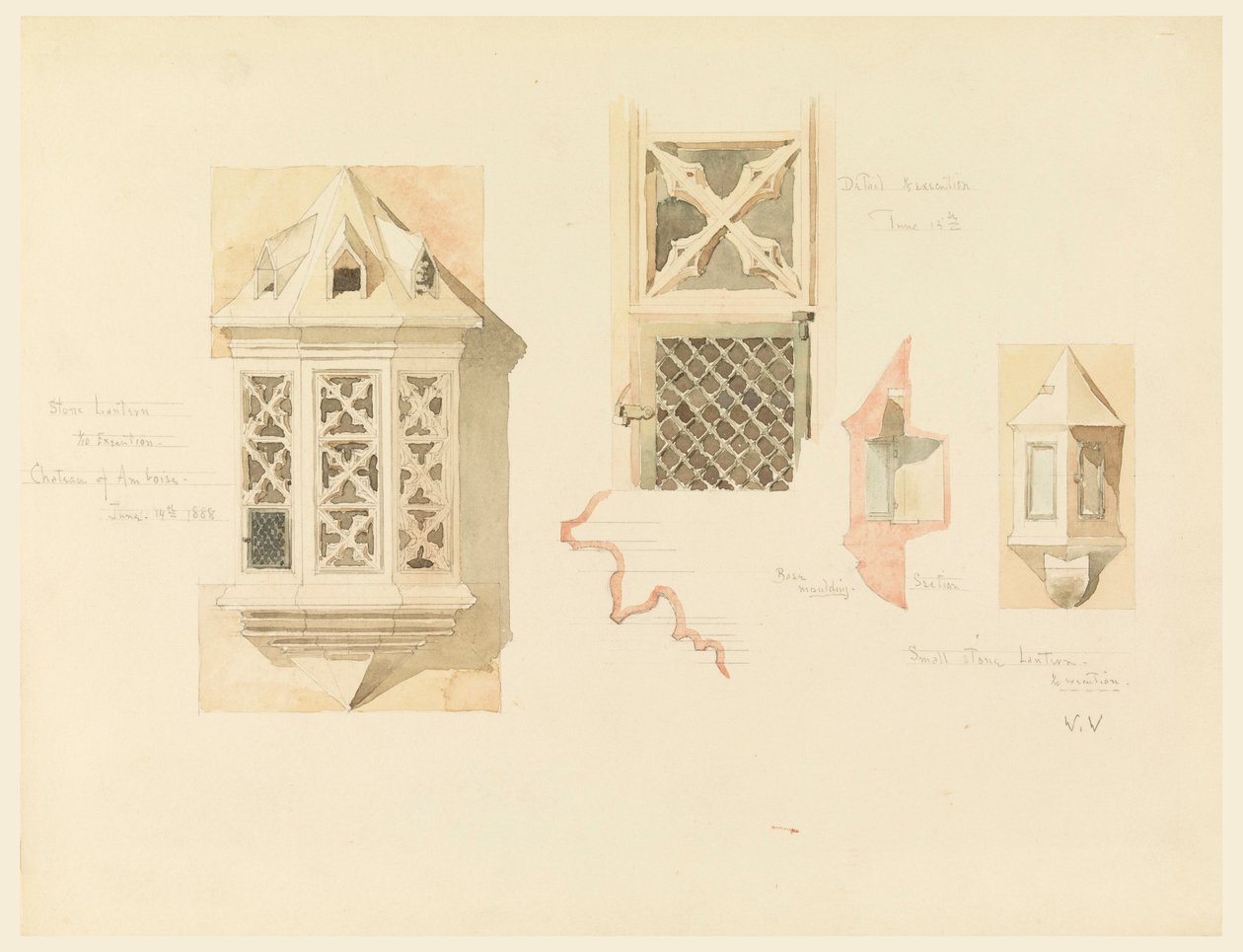 Kresba, kresba dvou kamenných luceren ze zámku v Amboise, Francie, 14.-15. června 1888 od Whitney Warren Jr.