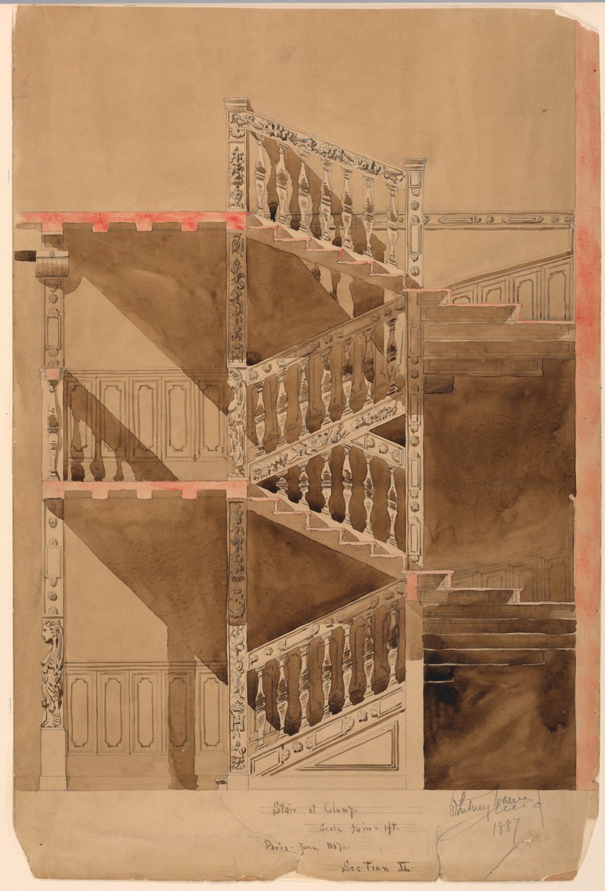 Kresba, Schodiště v Cluny, Paříž, 1887 od Whitney Warren Jr.