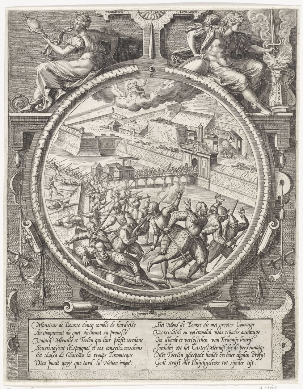 Bourseovy jednotky vyhánějí německé vojáky Treslong a Merville z citadely, 1577 Medailony s dobytím citadely v Antverpách v roce 1577 (název série) od Wierix