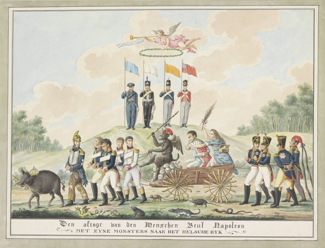 Karikatura Napoleonova vyhnanství na Elbě, 1814 Sestup Menschenského popravčího Napoleona s jeho monstry do Řecké říše (název na předmět) od Wijnand Esser (attributed to)