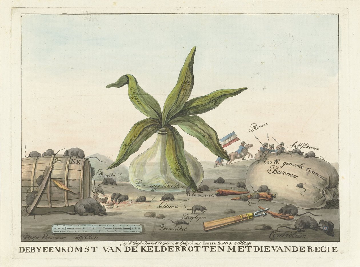 Karikatura o francouzských zvycích, 1813-1814 Setkání sklepa prohnilého se setkáním režiséra (titul na objektu) od Wijnand Esser