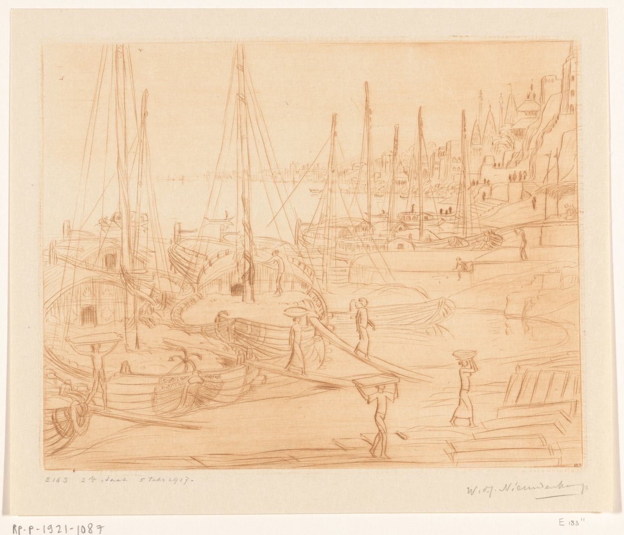 Kotvící lodě na břehu Gangy v Benares Vykládání lodí II (původní název) od Wijnand Otto Jan Nieuwenkamp (signed by artist)