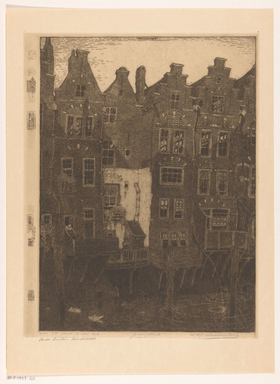 Domy na Voorstraathaven v Dordrechtu Kanál, Dordrecht (původní název) Staré domy, Dordrecht (název na objektu) od Wijnand Otto Jan Nieuwenkamp (signed by artist)