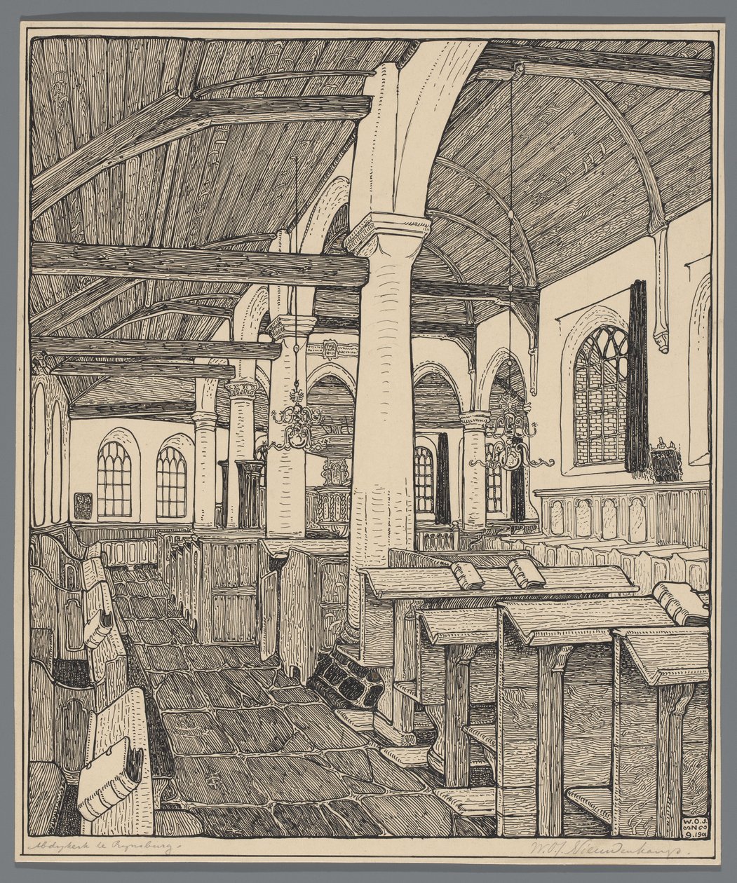 Interiér opatského kostela v Rijnsburgu od Wijnand Otto Jan Nieuwenkamp (signed by artist)