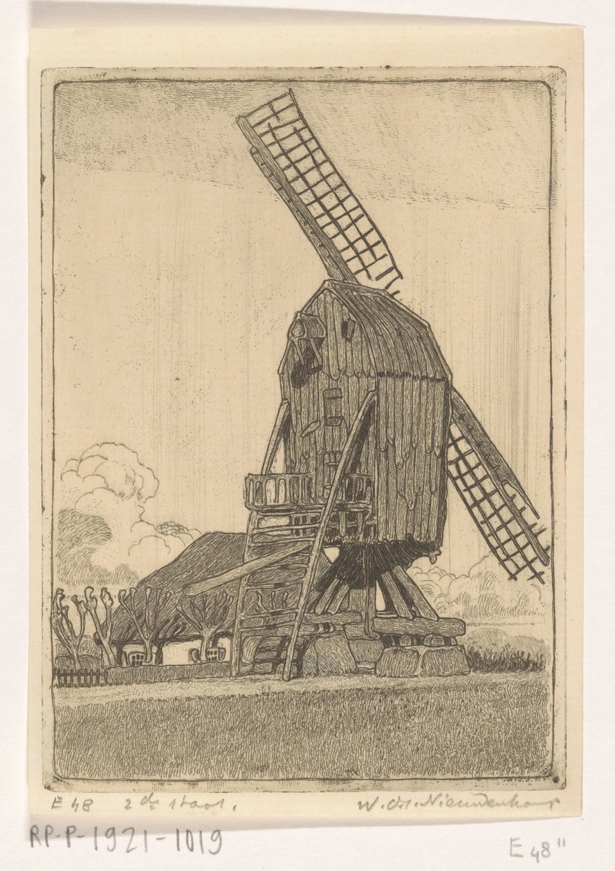 Mlýn na kukuřici se dvěma lopatkami u Bennekom Starý mlýn (původní název) od Wijnand Otto Jan Nieuwenkamp (signed by artist)