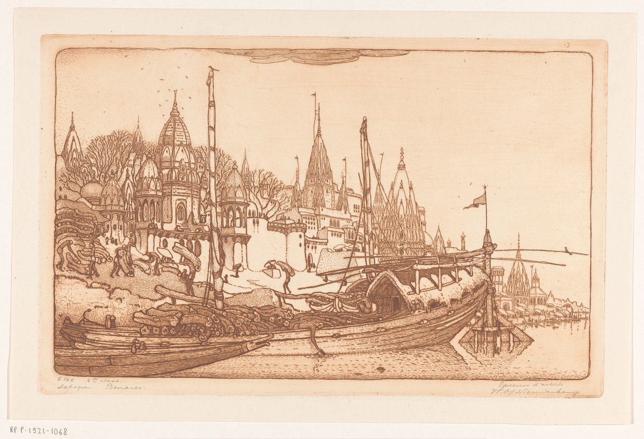Loď s palivovým dřívím na břehu Gangy v Benares Loď s palivovým dřívím, Benares (původní název) Lodě, Benares (název na objektu) od Wijnand Otto Jan Nieuwenkamp (signed by artist)