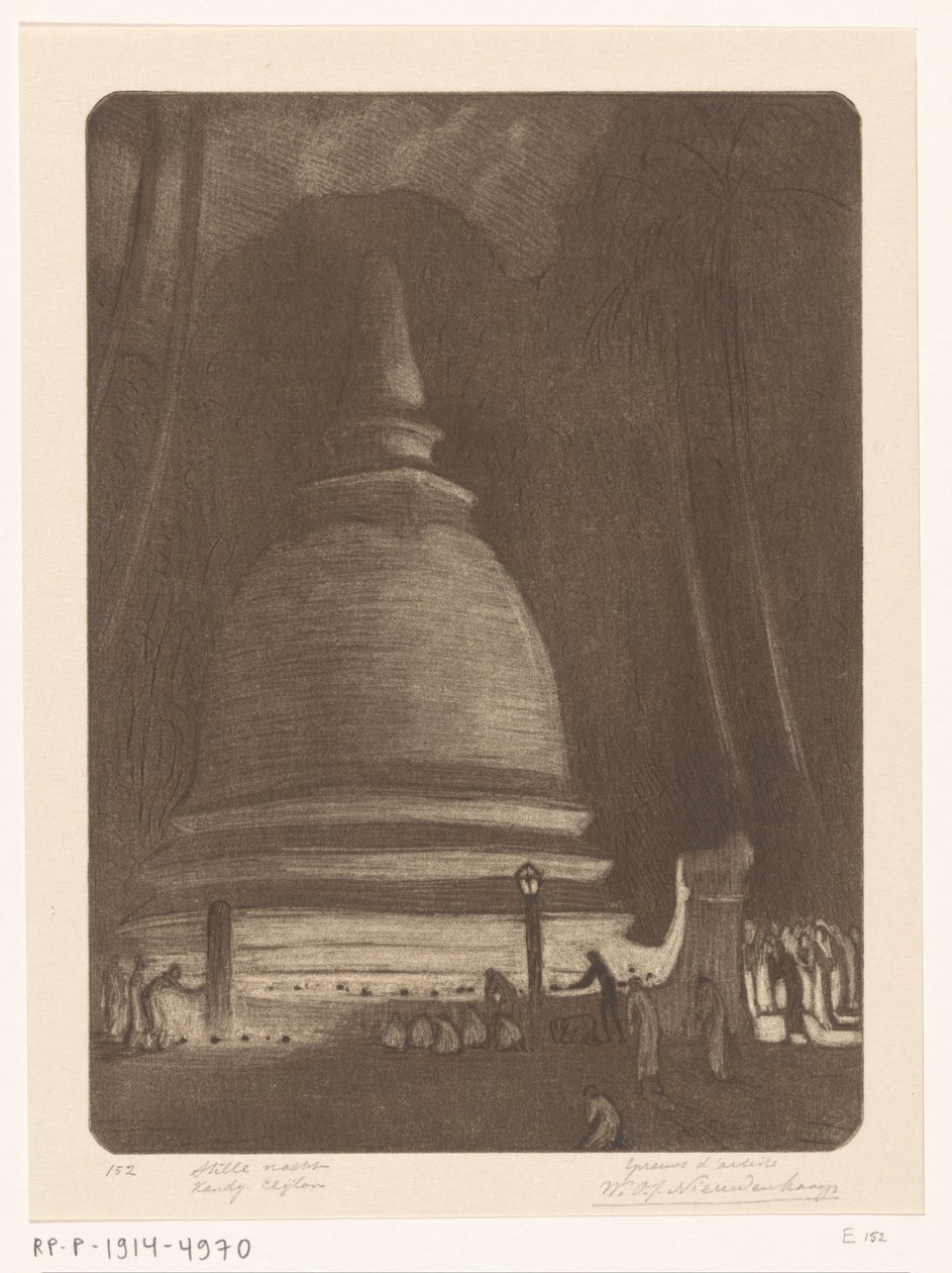 Stúpa v Kandy na Srí Lance v noci Tichá noc, Kandij, Ceylon (původní název) od Wijnand Otto Jan Nieuwenkamp (signed by artist)