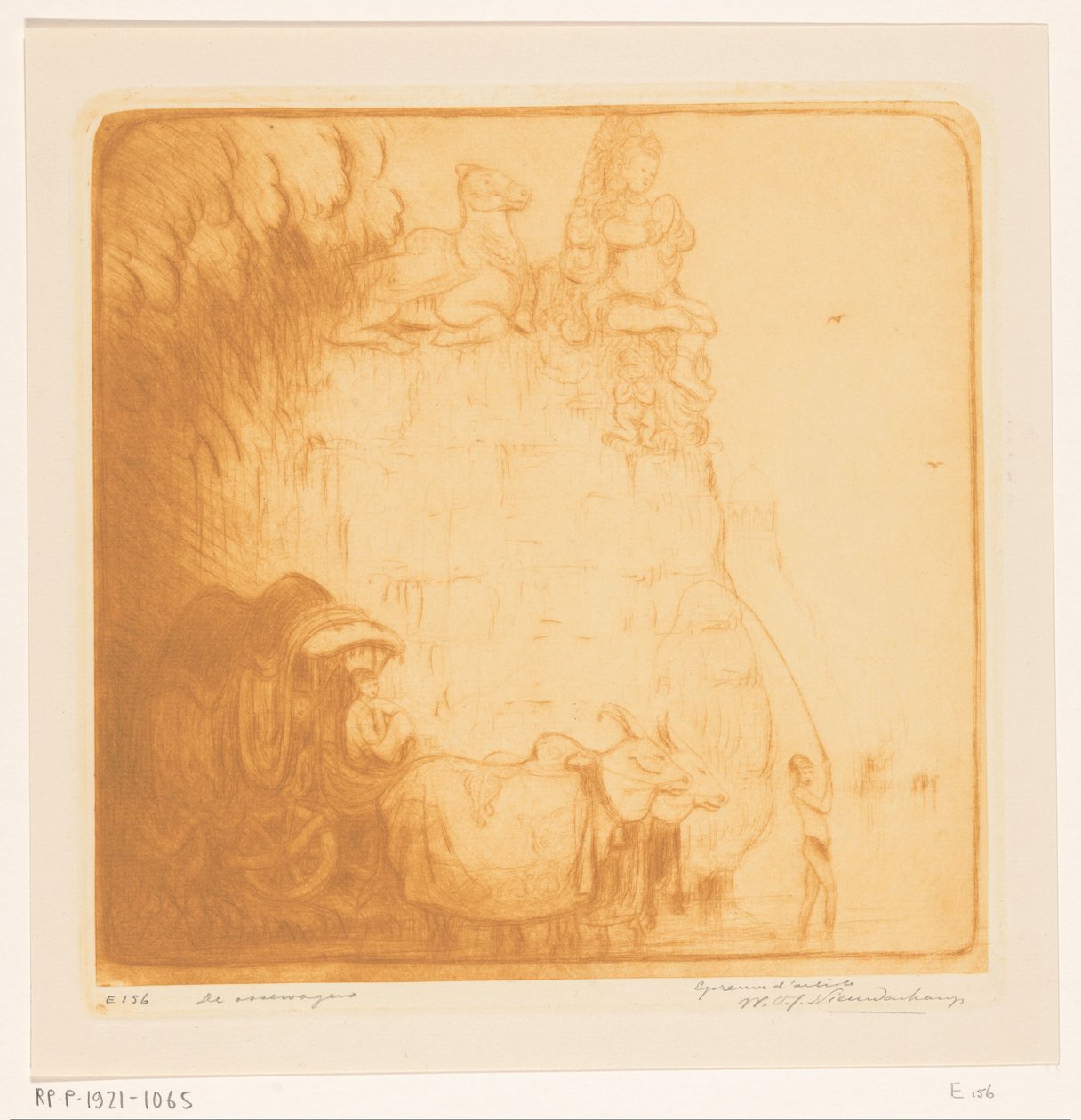 Dva voli táhnoucí vůz řekou The Oxcart (původní název) od Wijnand Otto Jan Nieuwenkamp (signed by artist)