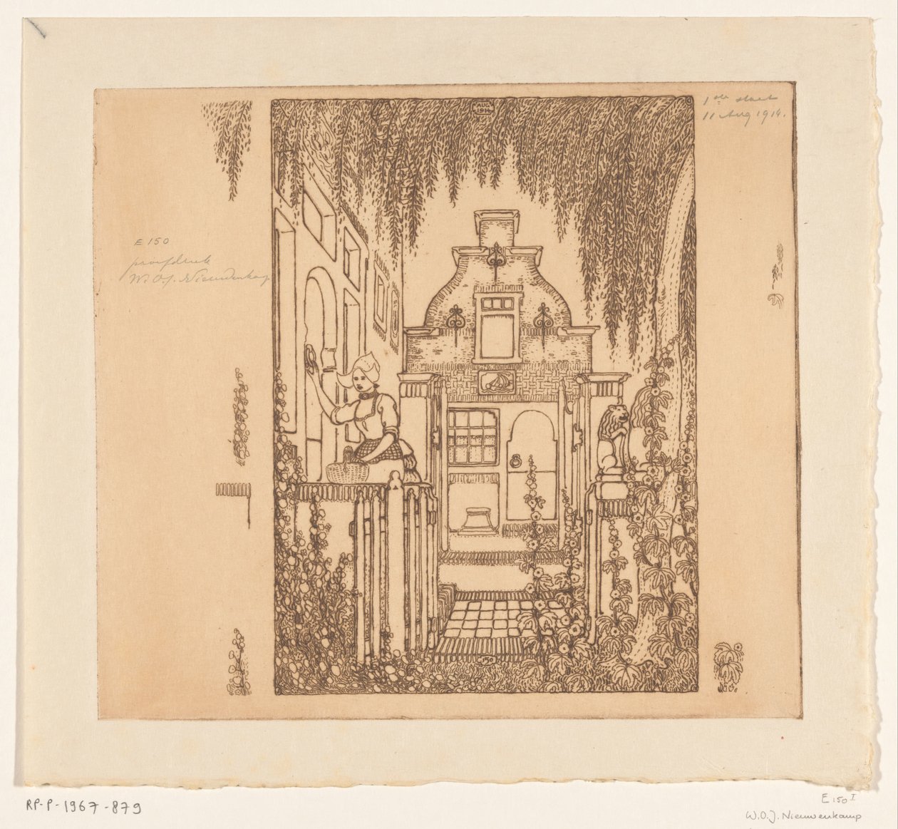 Žena v tradičním oděvu klepe na přední dveře v Edamu U předních dveří (původní název) od Wijnand Otto Jan Nieuwenkamp (signed by artist)