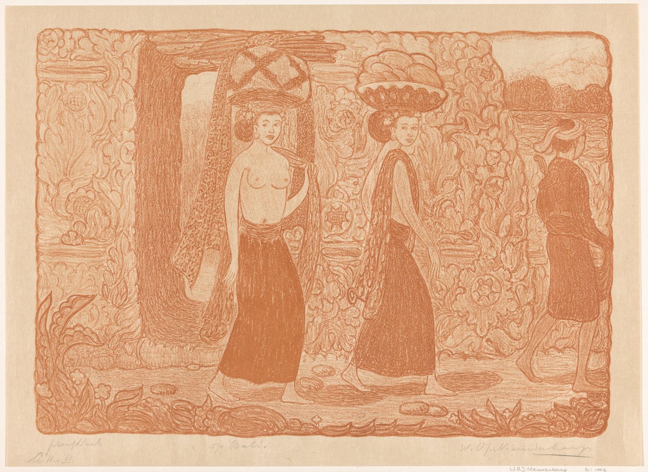 Ženy nesoucí předměty na hlavě v chrámu na Bali V chrámu, Bali (původní název) Na Bali (název na objektu) od Wijnand Otto Jan Nieuwenkamp (signed by artist)