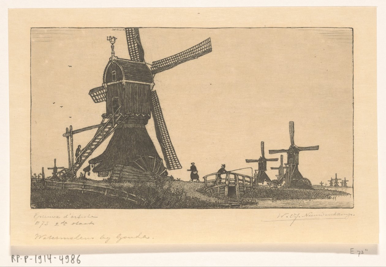 Wipmolens na Vlistu mezi Haastrechtem a Schoonhovenem Vodní mlýny u Goudy (původní název) od Wijnand Otto Jan Nieuwenkamp (signed by artist)