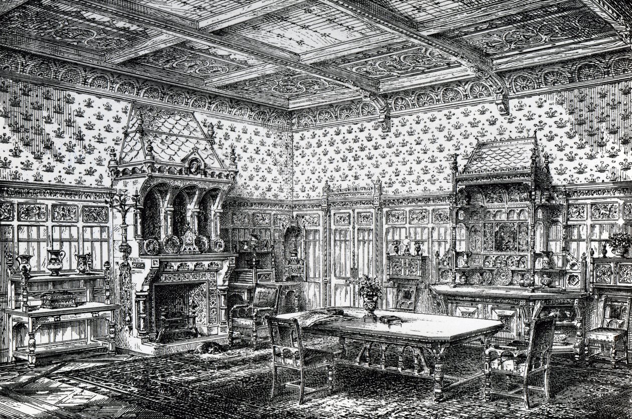 Návrh gotické jídelny, publikovaný v časopise The House-Furnisher & Decorator, 1. září 1872. od Wilberforce Haddon