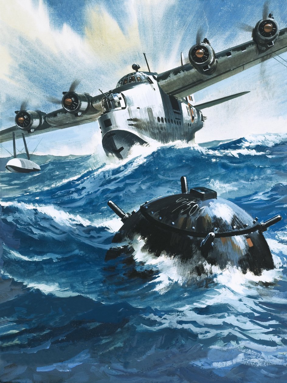 Když letecký důstojník G. O. Singleton zapnul motor letounu Short Sunderland, spatřil driftující minu. od Wilf (20th century) Hardy