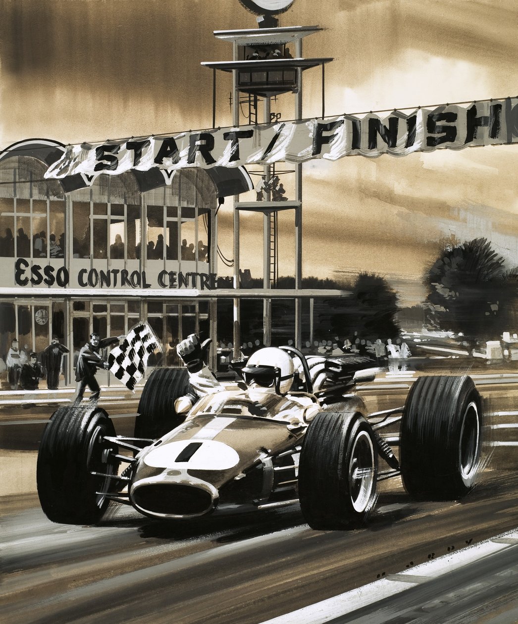 Jack Brabham ukazuje palec nahoru, když vyhrává historicky první Velkou cenu Kanady od Wilf (20th century) Hardy