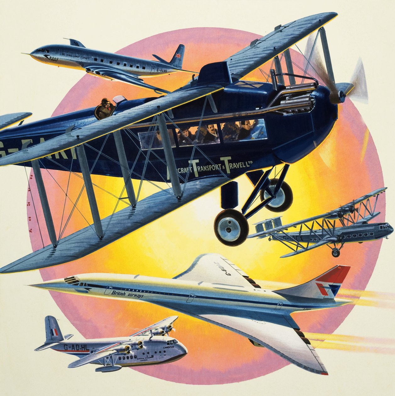 Montáž osobních letadel včetně Concordu (kvaš na papíře) od Wilf (20th century) Hardy