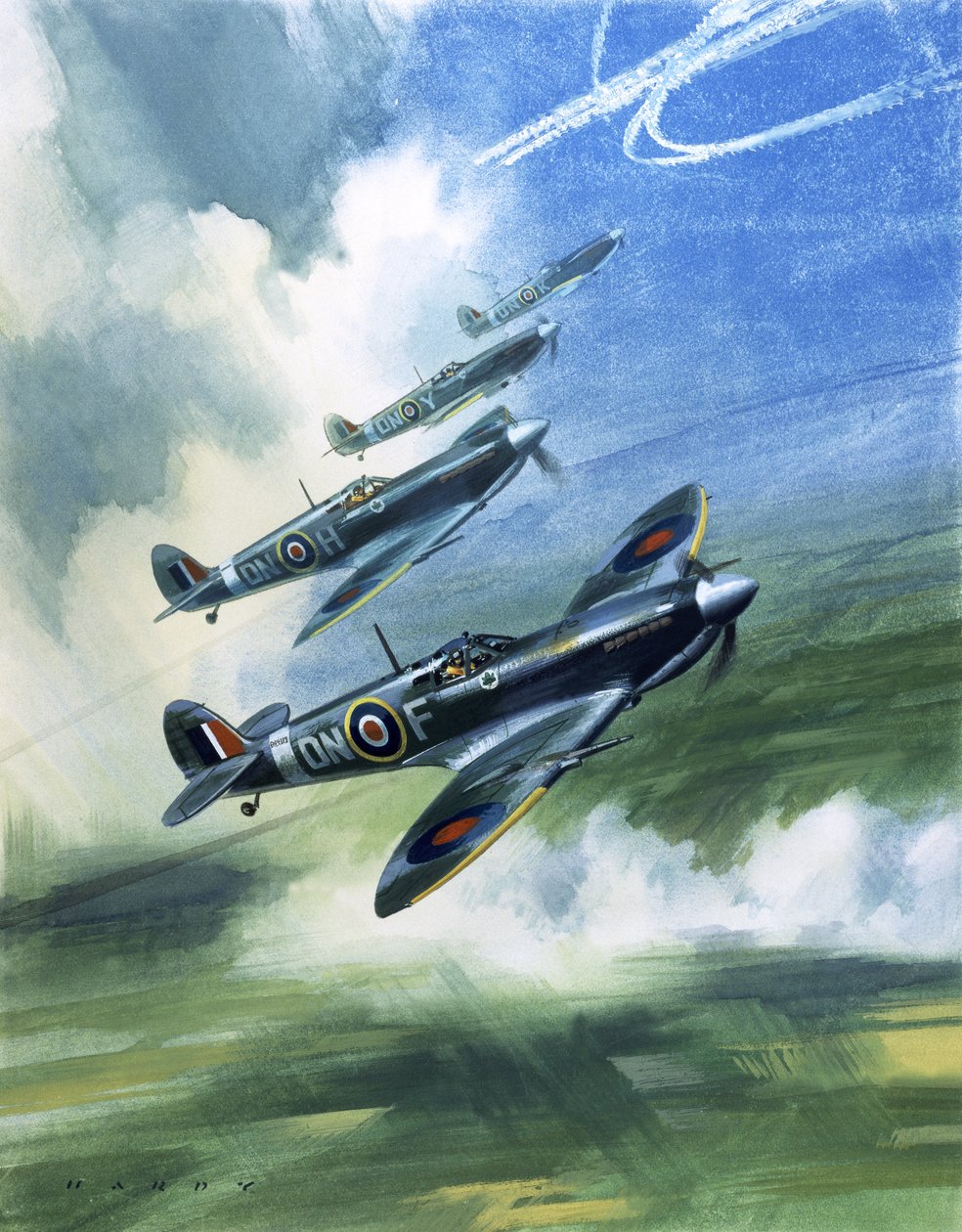 Hlídkový let 416. letky Kanadského královského letectva, Spitfire Mark 9s (kvaš na papíře) od Wilf (20th century) Hardy