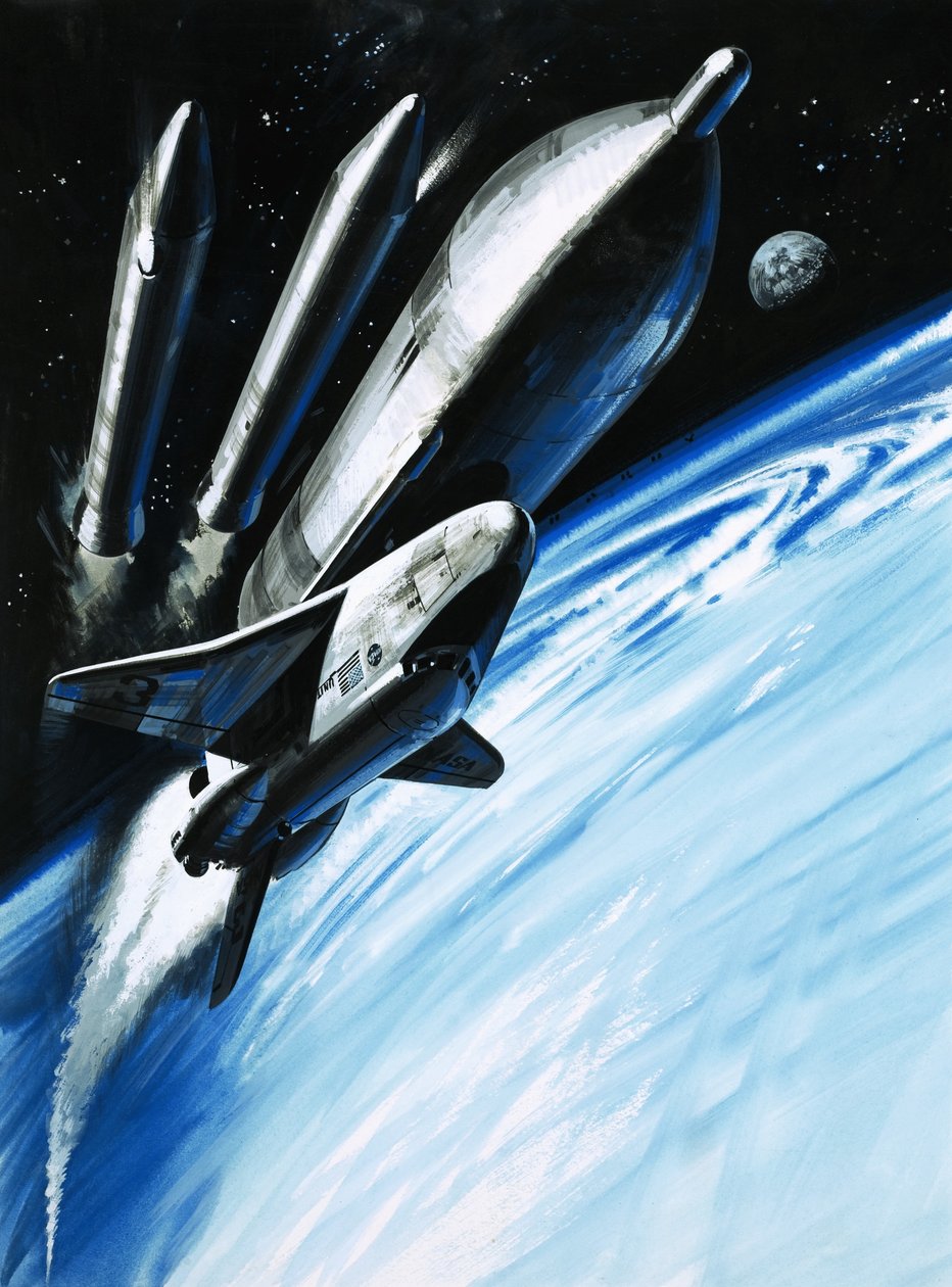 Raketoplán v okamžiku, kdy se zbavuje dvou raketových motorů od Wilf (20th century) Hardy