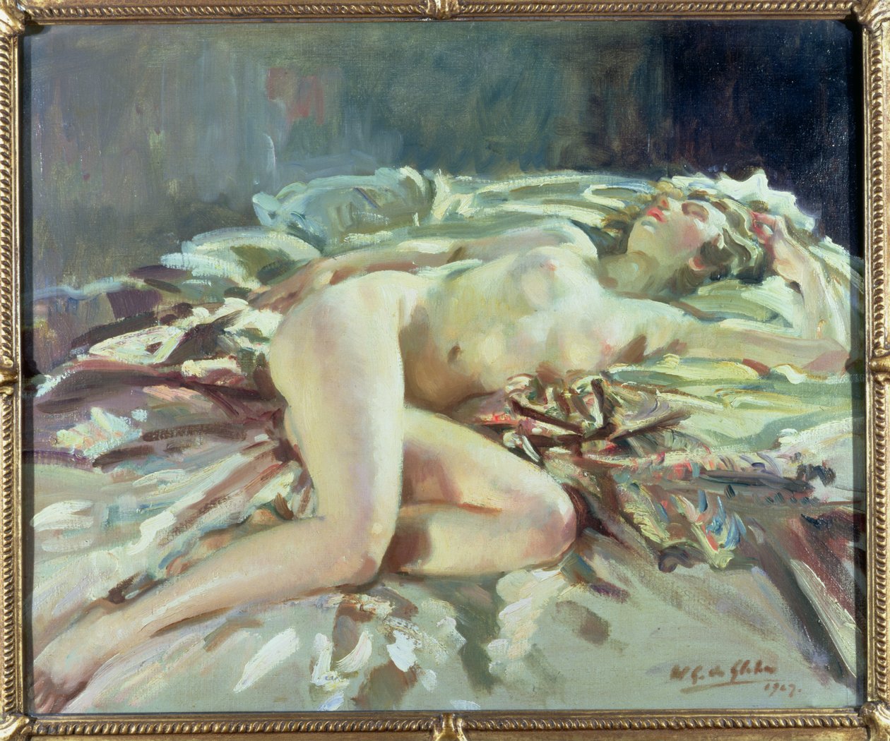 Ženský akt ležící na posteli od Wilfred Gabriel de Glehn