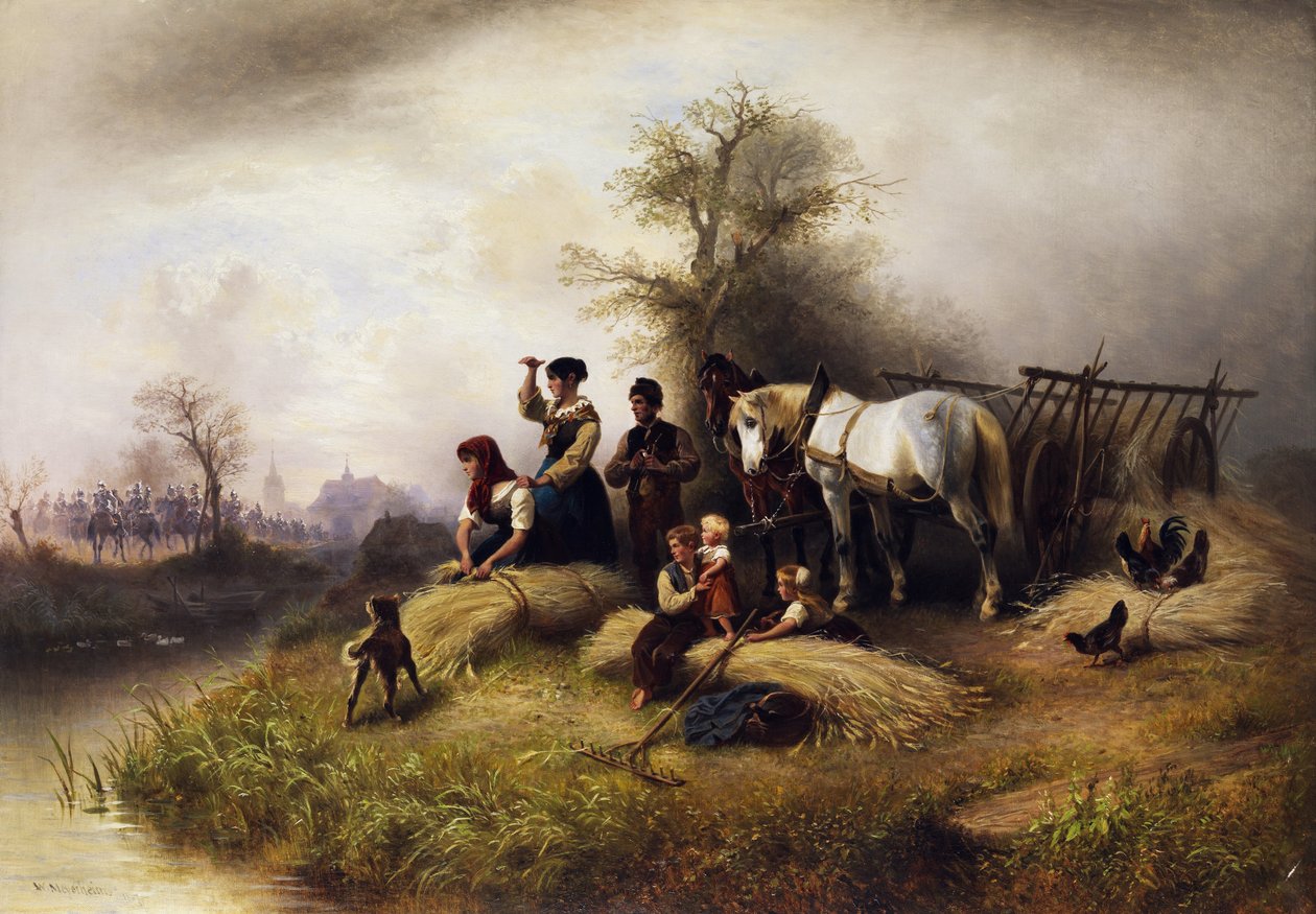 Farmářova rodina při sklizni obilí pozoruje jízdní vlak od Wilhelm Meyerheim