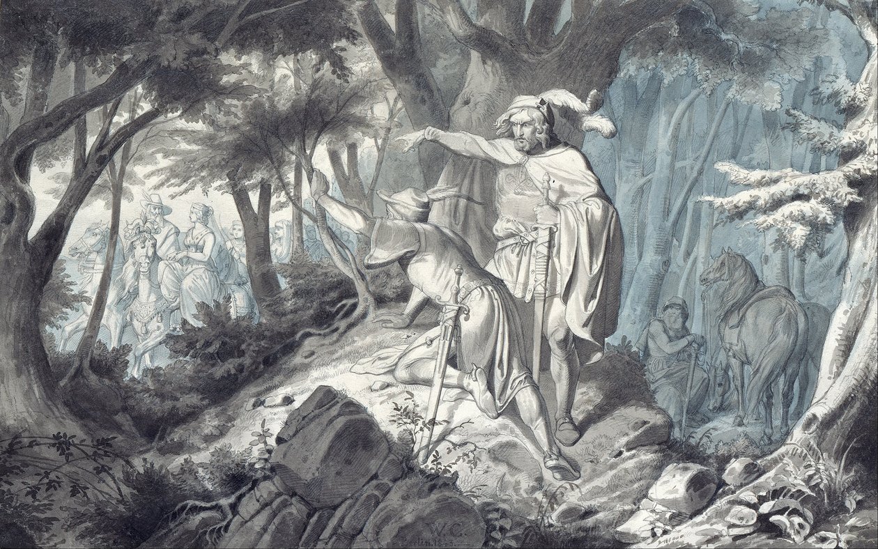 Tristan a Kadin tajně sledují Isoldu z jízdy od Wilhelm Camphausen
