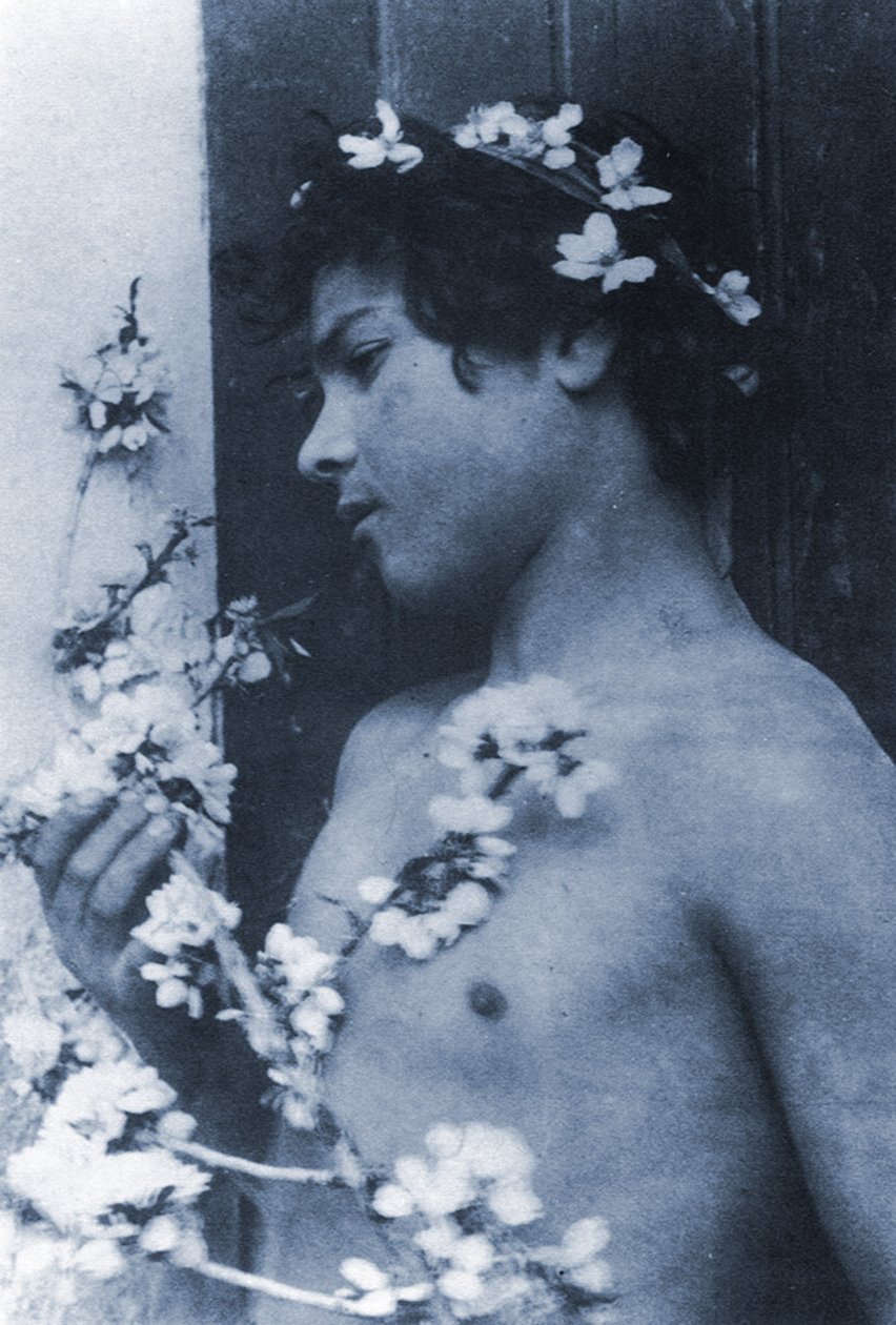 Studie mladého chlapce s květinami ve vlasech, kolem roku 1899 (kyanotypie) od Baron Wilhelm von Gloeden