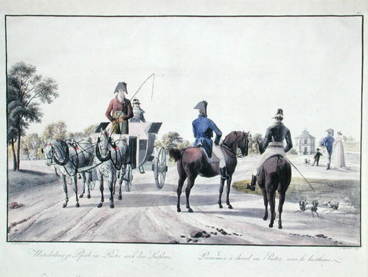 Jízda v parku Prater, Vídeň, ryl Adam von Bartsch (1757-1821) 1804 (barevná rytina) od Wilhelm Alexander (after) Kobell