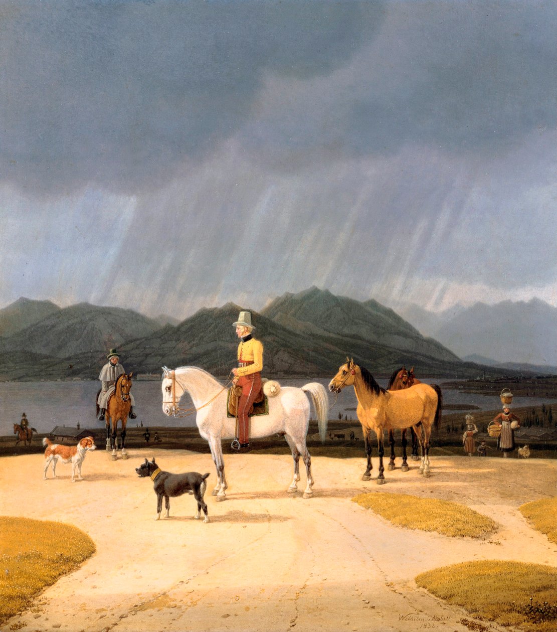 ""Cavaliers sur le lac Tegern Allemagne"" (Jezdci u Tegernsee) Peinture de Wilhelm Ritter von Kobell (1766-1853) 1832 Olej na dřevě Rozměr 282x263 cm Státní muzea, Berlín od Wilhelm Alexander Kobell
