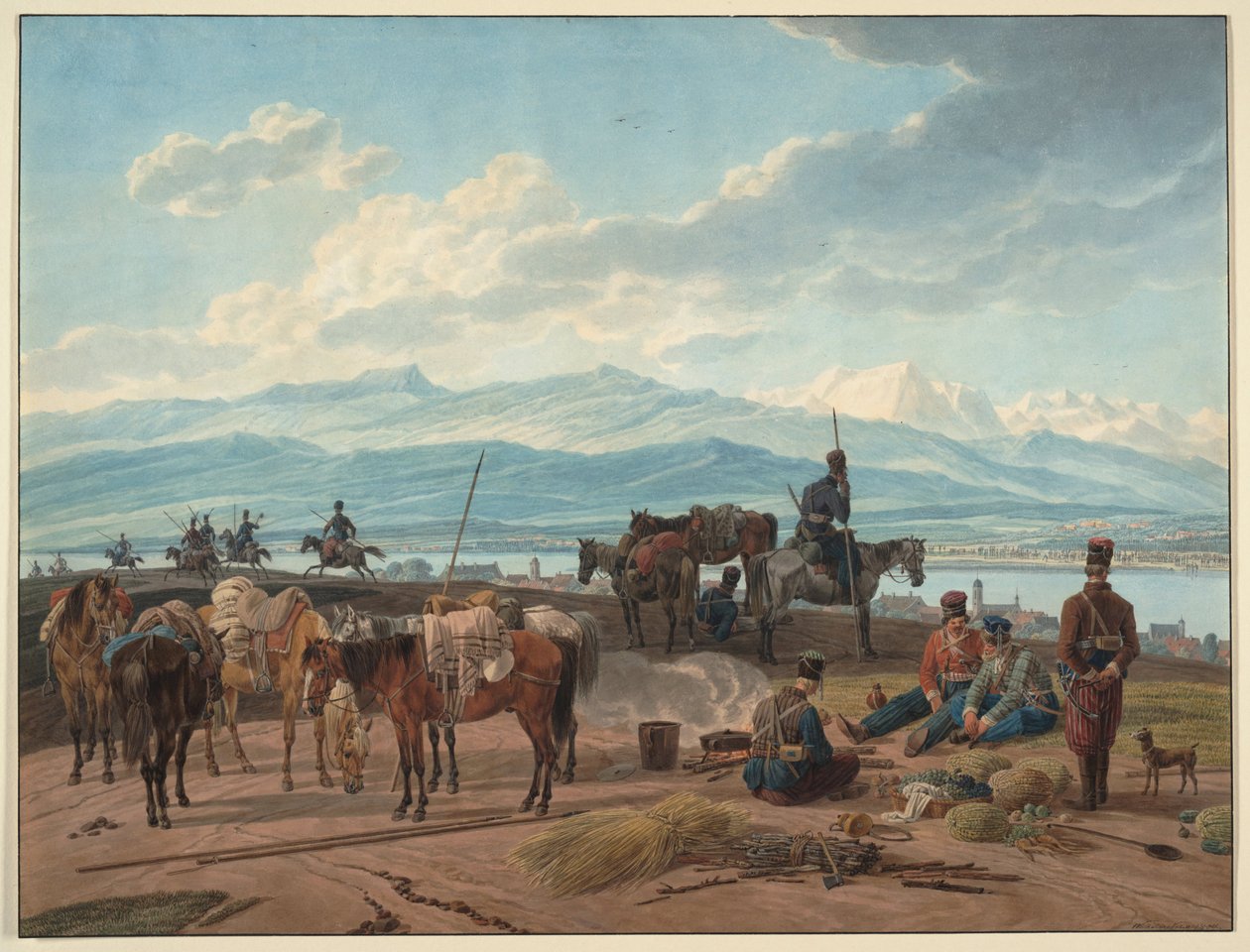 Zastavení ruských kozáků - Kobell, Wilhelm, Ritter von (1766-1853) - 1804 - Akvarel na papíře - 36,8x48,2 - Soukromá sbírka od Wilhelm Alexander Kobell