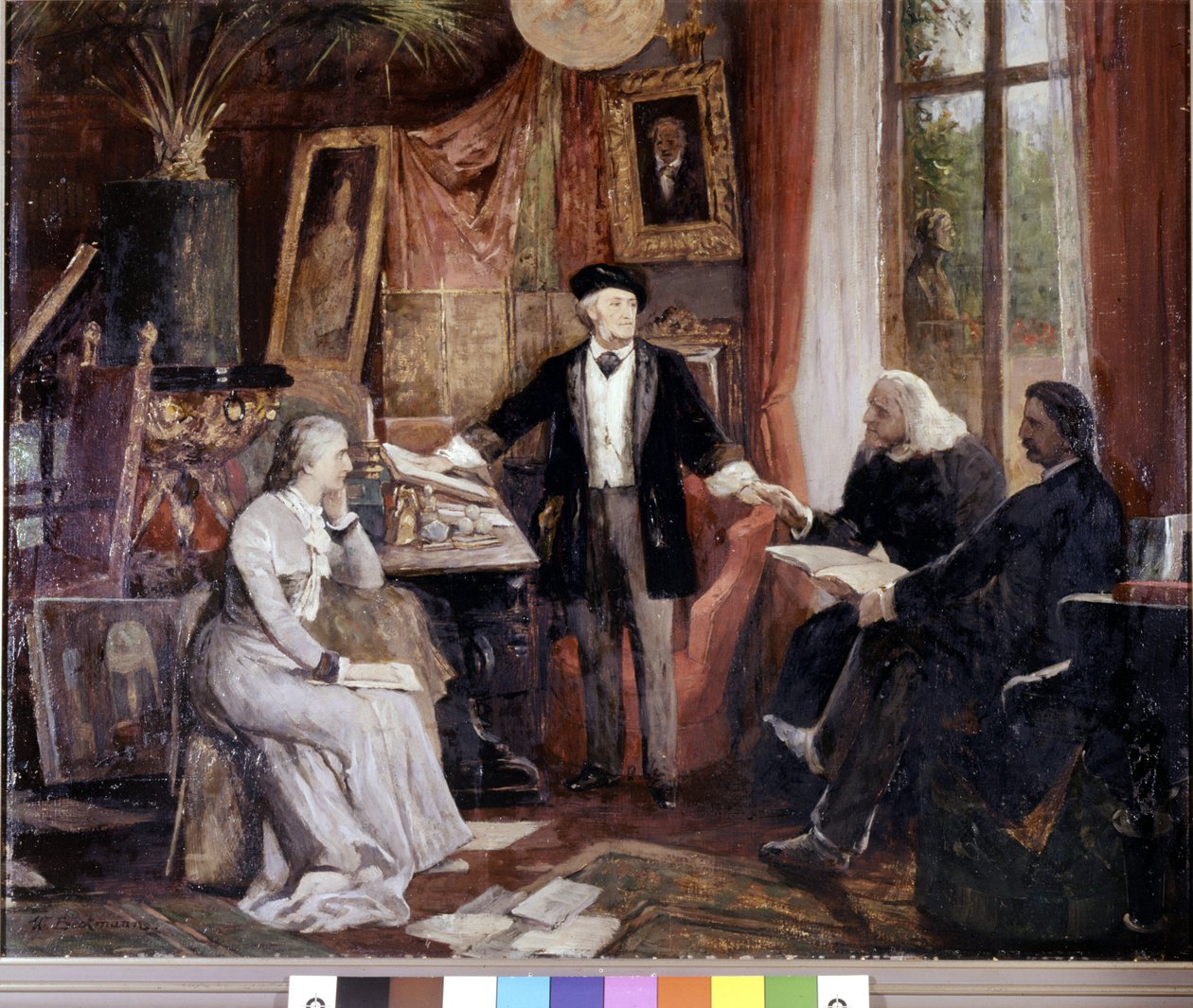 Zleva doprava: Cosima Wagner, Richard Wagner, Franz Liszt a Walsogen ve vile Wahfried v Bayreuthu. obraz od Beckmanna od Wilhelm Beckmann