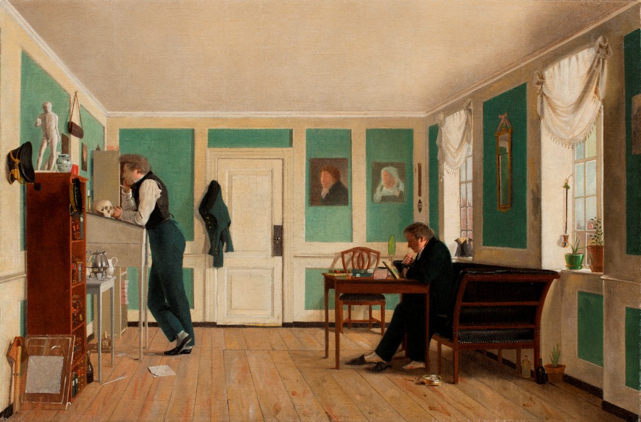 Interiér z Amaliegade. Kapitán Carl Ludvig Bendz stojí a Dr. Jacob Christian Bendz sedí. od Wilhelm Bendz