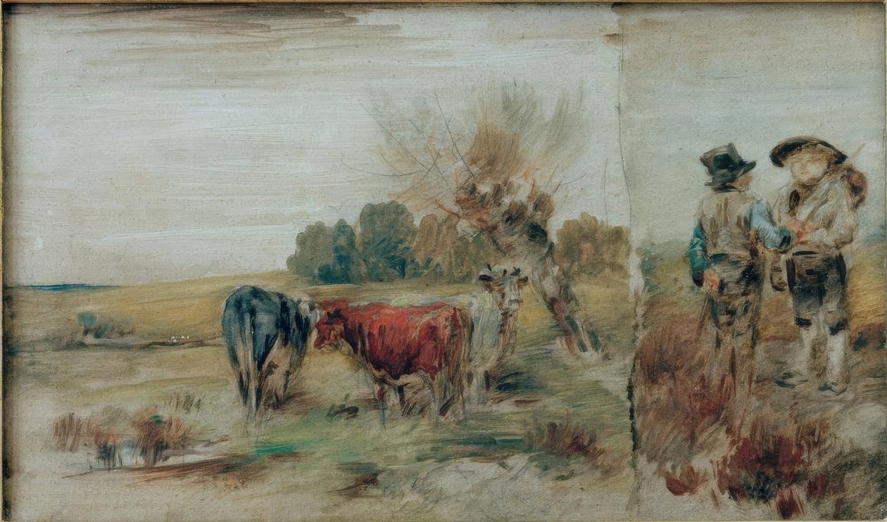 Dvojitý obraz: krávy na pastvě, dva farmáři mluví od Wilhelm Busch