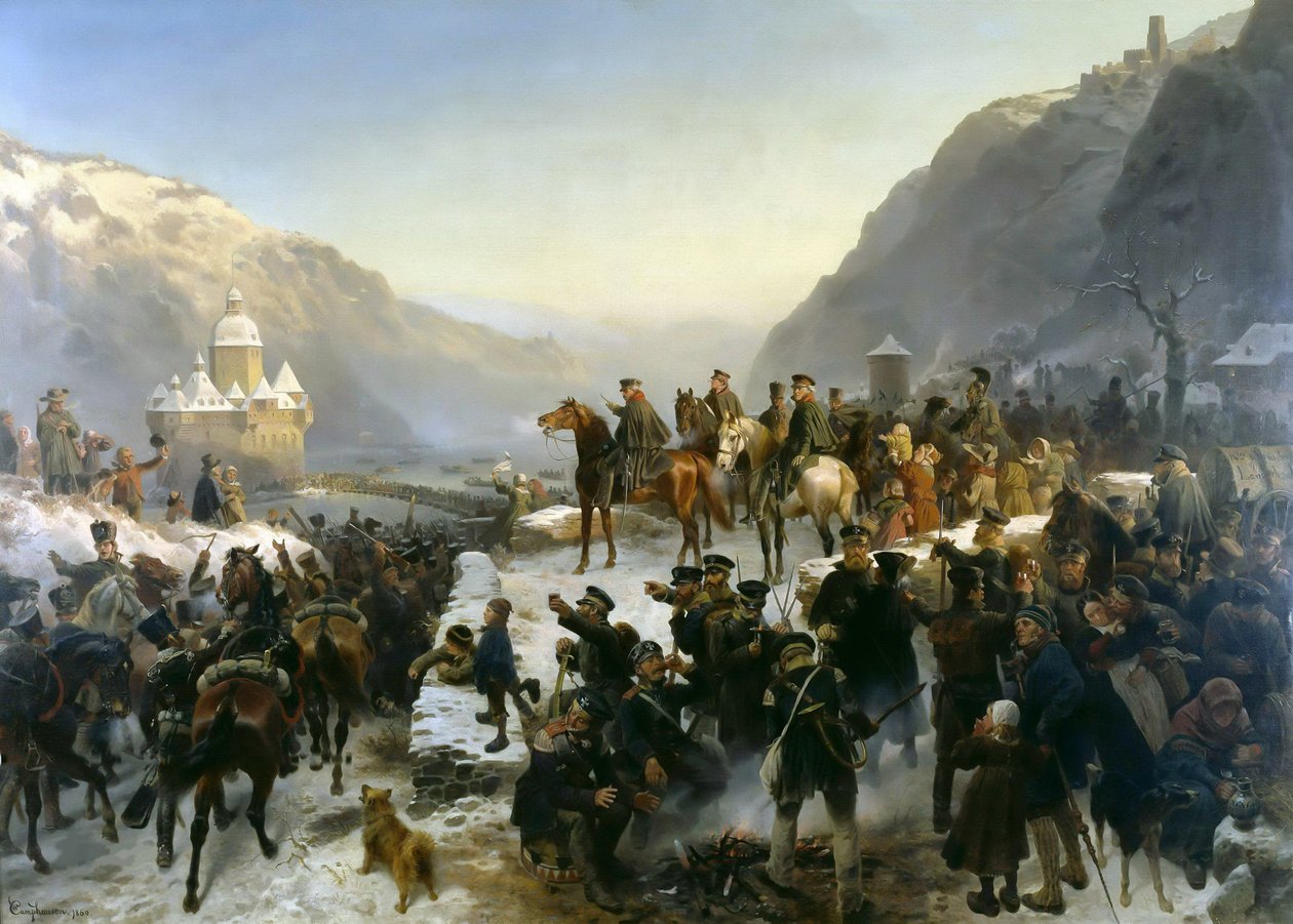 Blücher překročil řeku Rýn poblíž Kaub dne 1. ledna 1814, 1860. od Wilhelm Camphausen