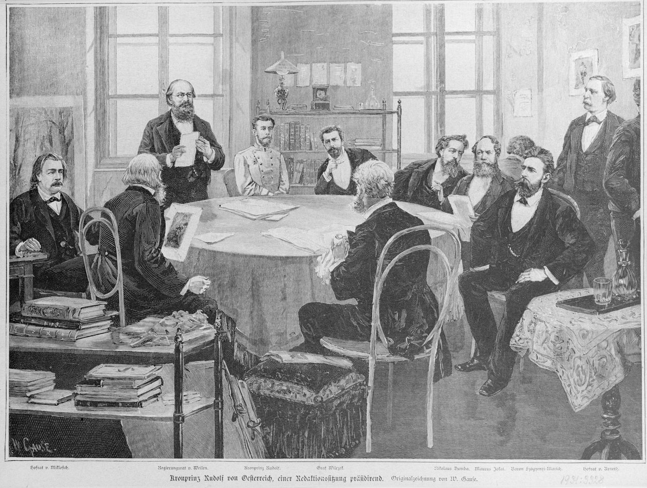 Korunní princ Rudolf na redakční poradě (dřevoryt) od Wilhelm Gause