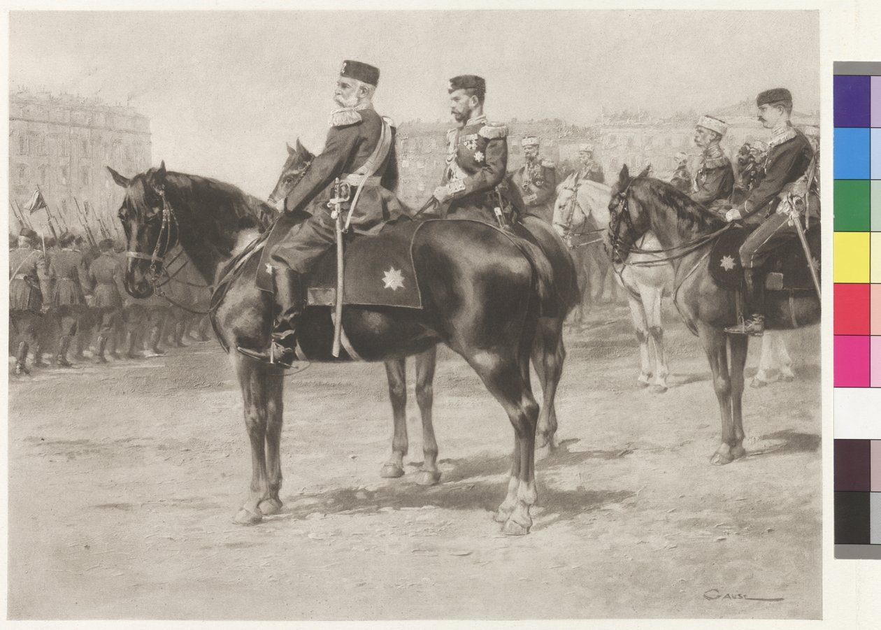 Císař František Josef I. a car Mikuláš II. na přehlídce na Champ-de-Mars v Petrohradě. od Wilhelm Gause
