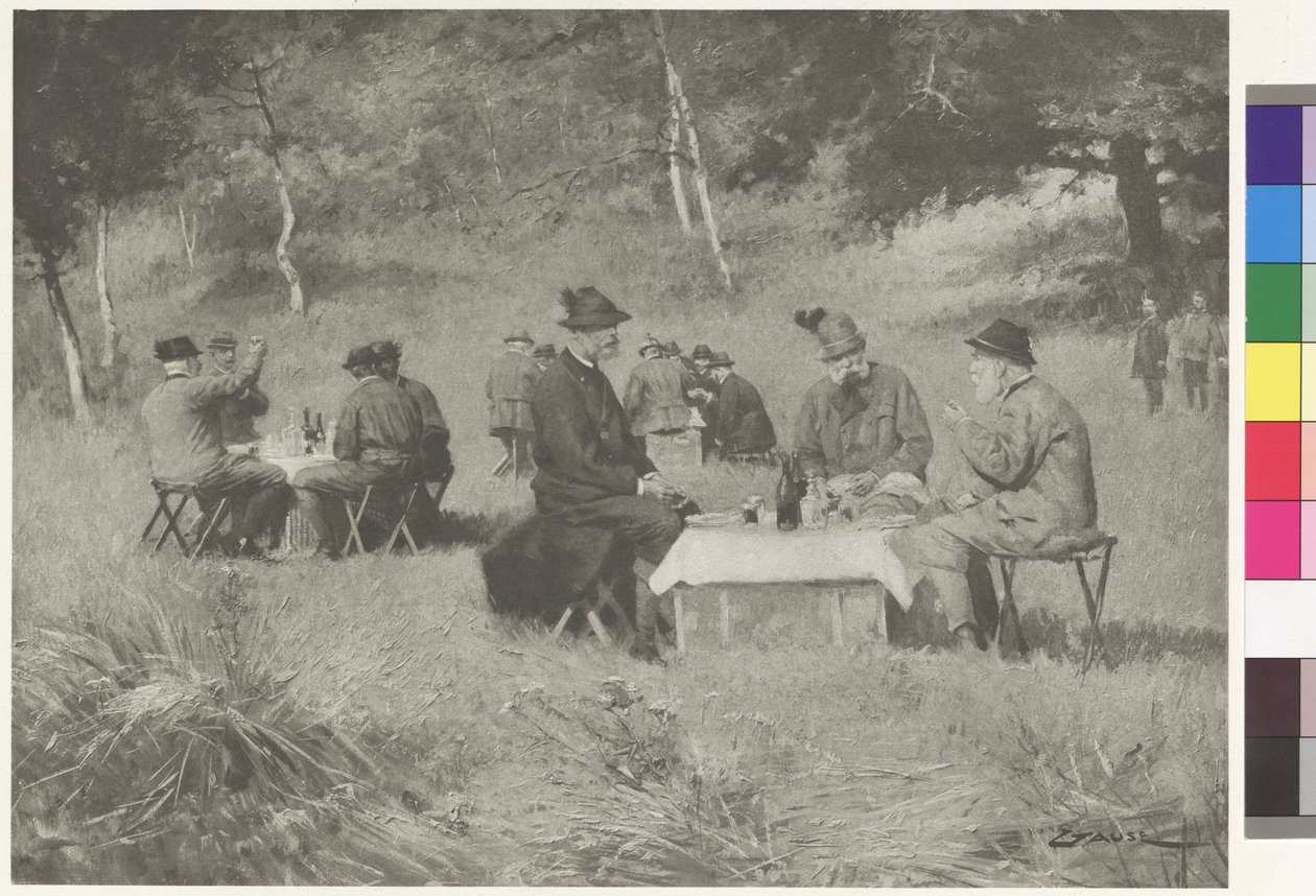 Lovecký večírek - císař František Josef u stolu s bavorským princem Leopoldem a toskánským velkovévodou Ferdinandem IV. od Wilhelm Gause
