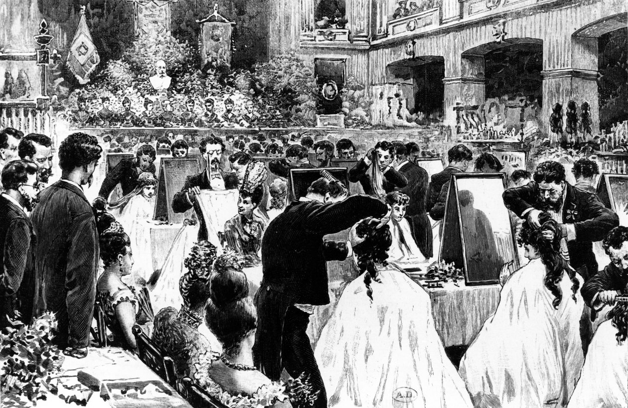 Ukázka kadeřnictví Německým svazem kadeřníků v Berlínském koncertním domě, 1887 od Wilhelm Geissler