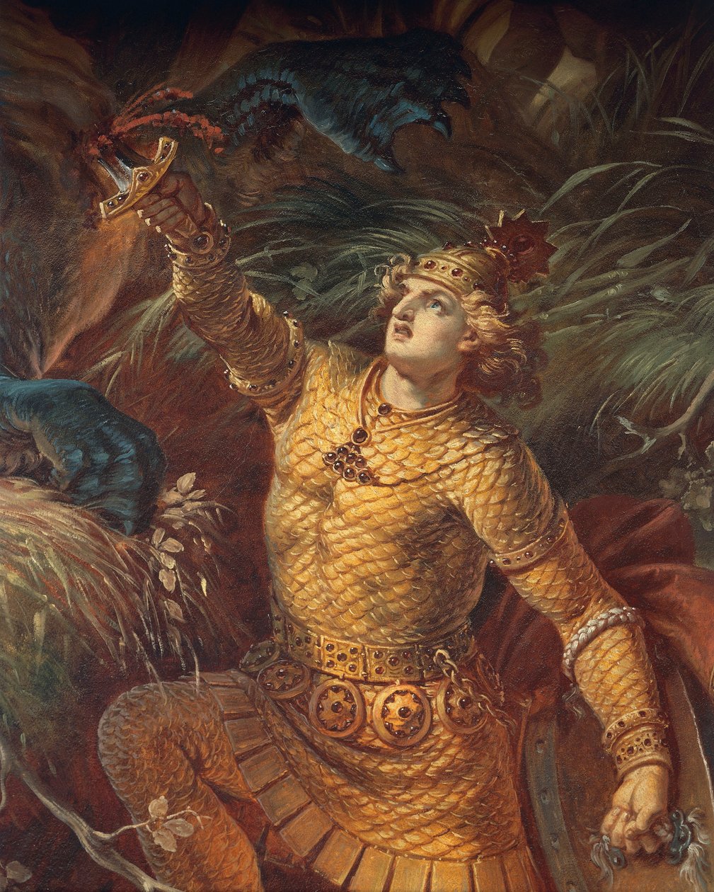 Sigurd zabíjející draka Fafuira držením Gramova meče, detail, ze ságy Sigurd, Lower Hall, cca 1882-83 (nástěnná malba) (viz také 419035) od Wilhelm Hauschild