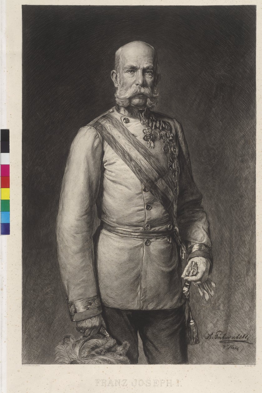 František Josef I. ve slavnostní uniformě polního maršála, slavnostní klobouk v hřebenu od Wilhelm Hecht
