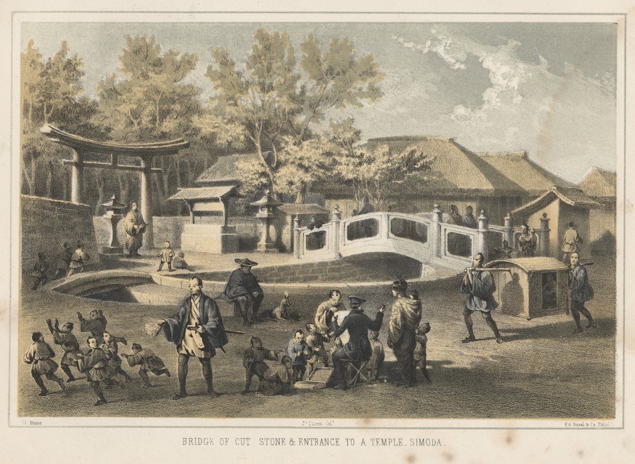 Most z broušeného kamene a vchod do chrámu, Simoda, 1855 od Wilhelm Joseph Heine