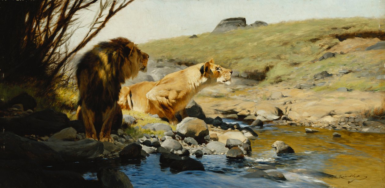 Lev a lvice v proudu, od Wilhelm Kuhnert