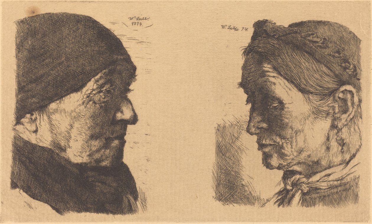 Portrét staré rolnice v profilu vpravo a rolnice se zavřenýma očima od Wilhelm Maria Hubertus Leibl