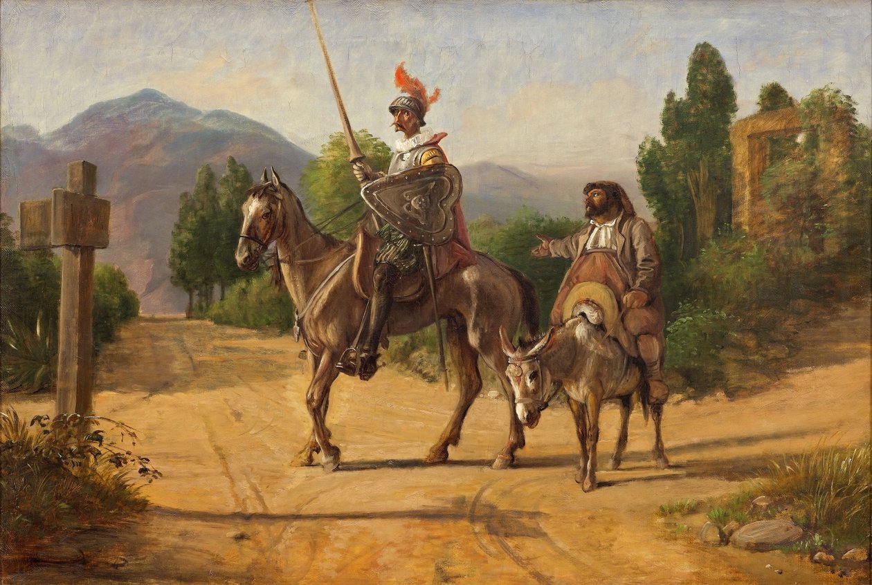 Don Quijote a Sancho Panza na rozcestí, po roce 1847 (olej na plátně) od Wilhelm Marstrand