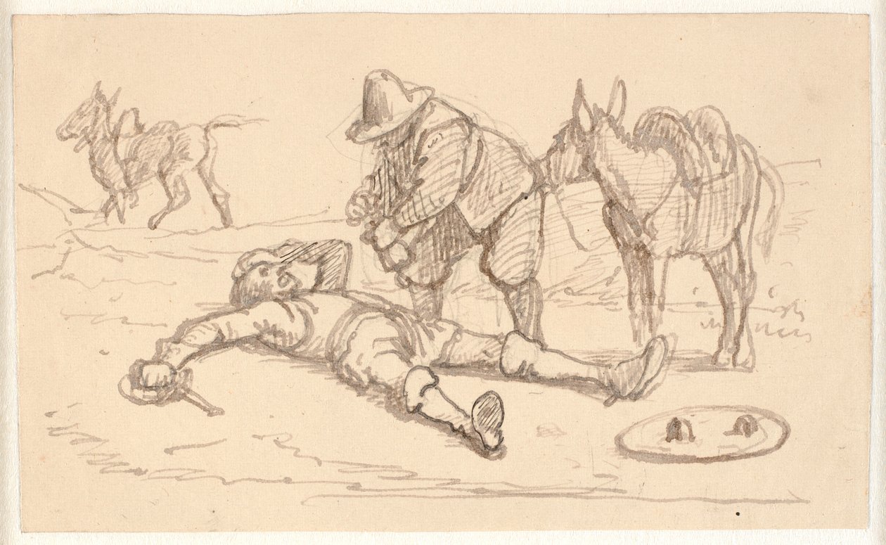 Don Quijote leží zraněný a pomáhá mu Sancho od Wilhelm Marstrand