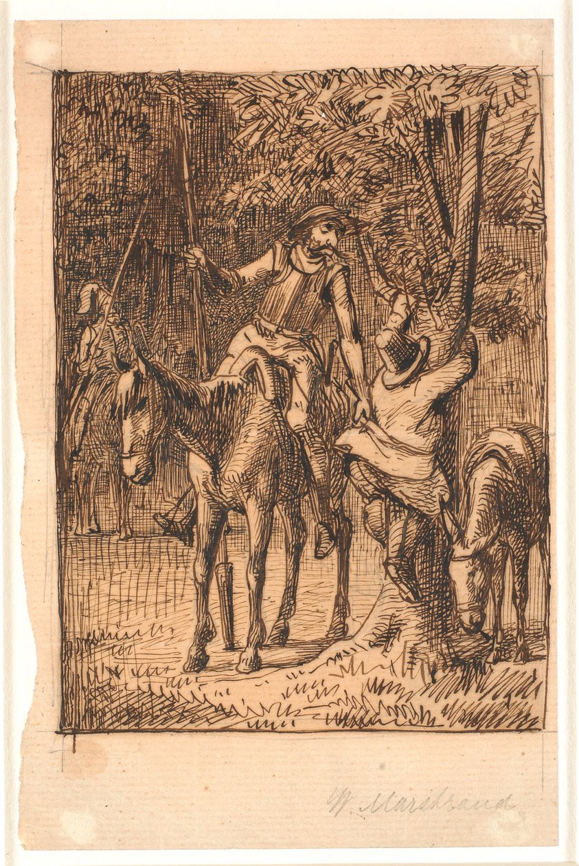 Před bojem se Zrcadlovým rytířem pomáhá Don Quijote Sanchovi Panzovi na strom od Wilhelm Marstrand